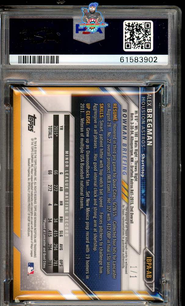 Back of 2016 Bowman Inception Inceptionized Prospect Autograph Red Alex Bregman #IBPAAB /1