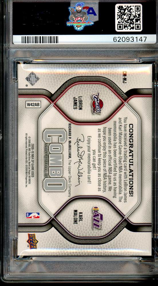 Back of 2009 SP Game Used Combo Materials Karl Malone/Lebron James #CMMJ /499