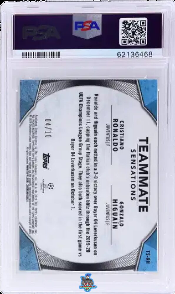 Back of 2019 Topps Chrome UEFA Champions League Teammate Sensations Red Refractor Cristiano Ronaldo/Gonzalo Higuain #TSRH /10