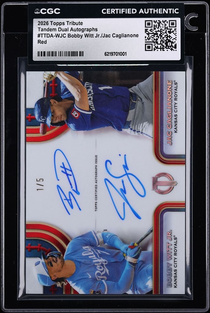 2026 Topps Tribute Tandem Dual Red Bobby Witt Jr. Jac Caglianone AUTO 1/5 #TTDA-WJC CGC AUTH