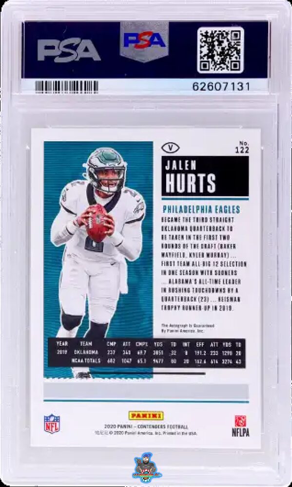 Back of 2020 Panini Contenders Team Helmet Variation Rookie Ticket Autograph Cracked Ice Jalen Hurts #122B /22
