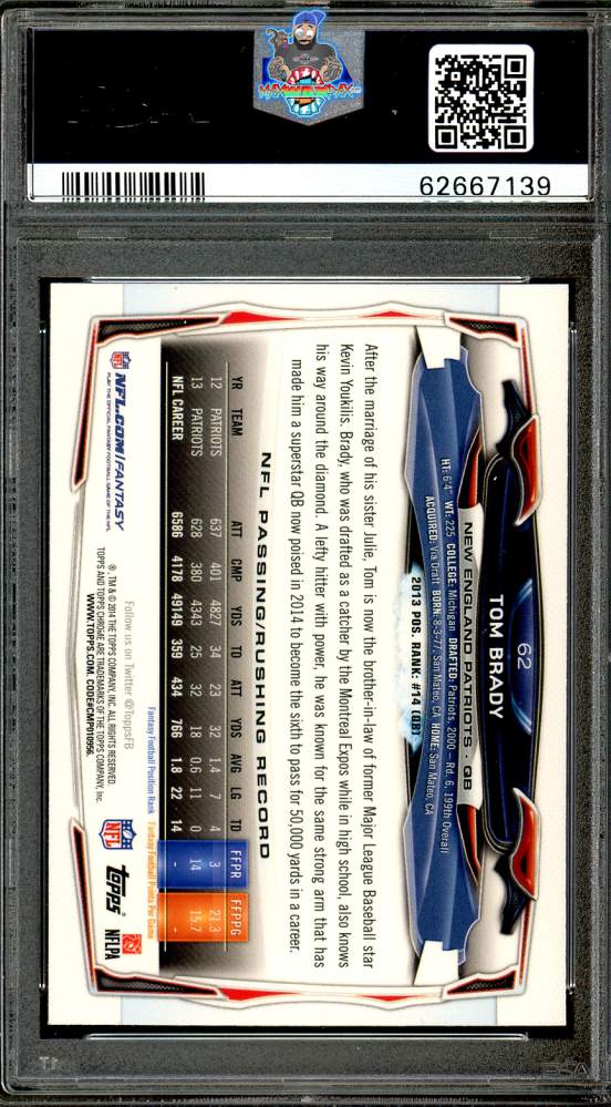 Back of 2014 Topps Chrome Blue Jersey Refractor Tom Brady #62