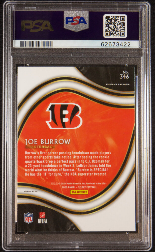 Back of 2020 Panini Select Field Level Silver Prizm Joe Burrow #346