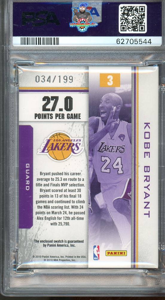 Back of 2010 Panini Rookies & Stars Statistical Standouts Material Kobe Bryant #3 /199