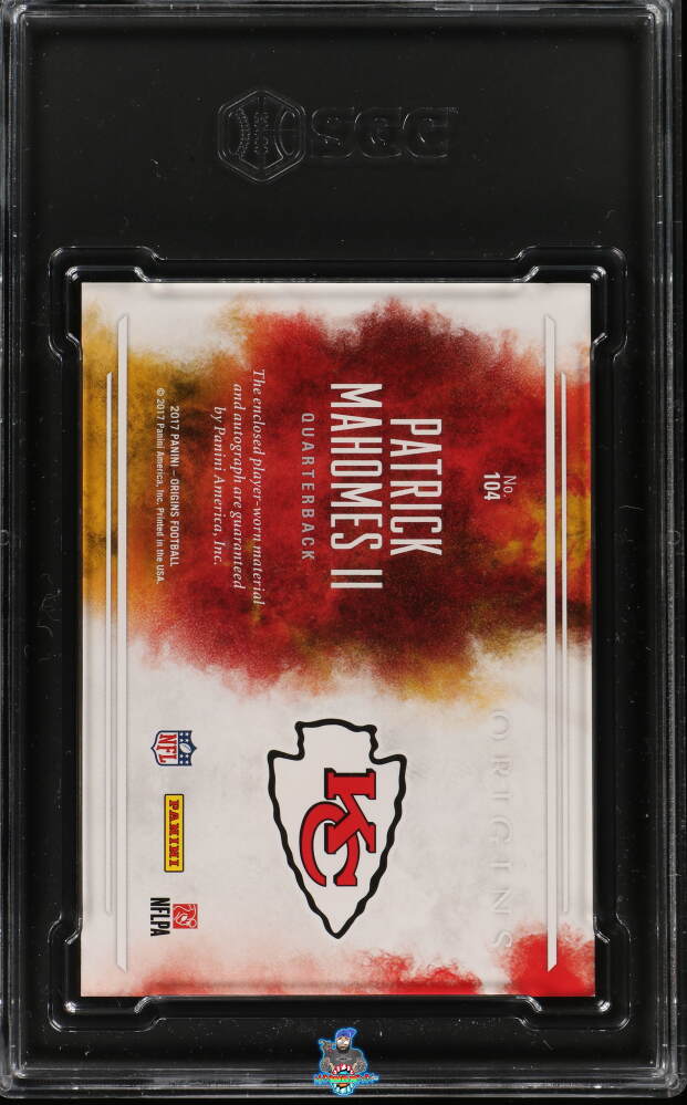 Back of 2017 Panini Origins Rookie Jumbo Patch Auto. Patrick Mahomes II #104