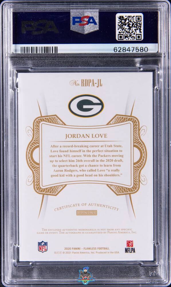 Back of 2020 Panini Flawless Rookie Dual Patch Autograph Ruby Jordan Love #1 /15