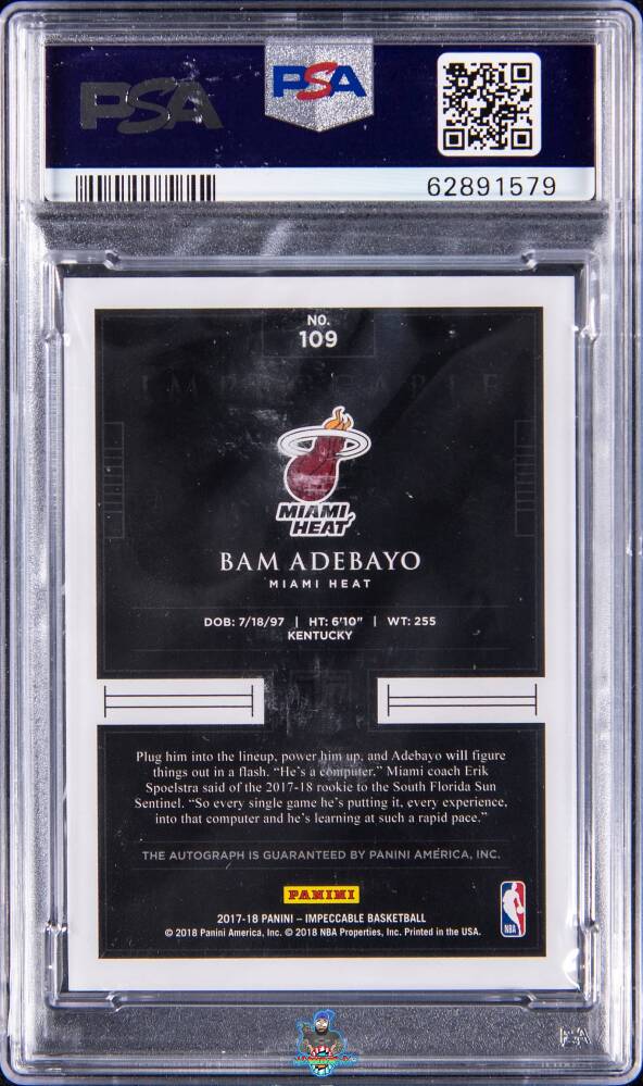 Back of 2017 Panini Impeccable Bam Adebayo #109 /99