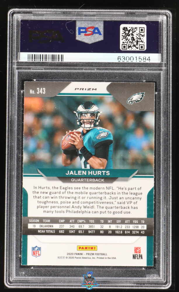 Back of 2020 Panini Prizm Black and White Variation No Huddle Prizm Jalen Hurts #12