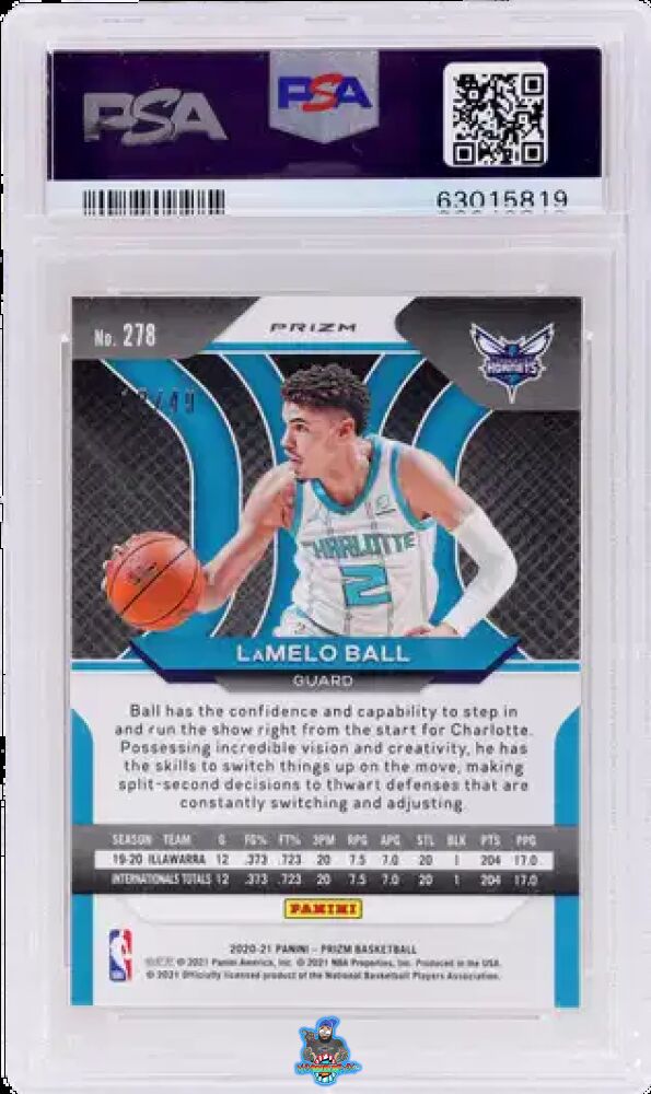 Back of 2020 Panini Prizm Orange Prizm Lamelo Ball #278 /49