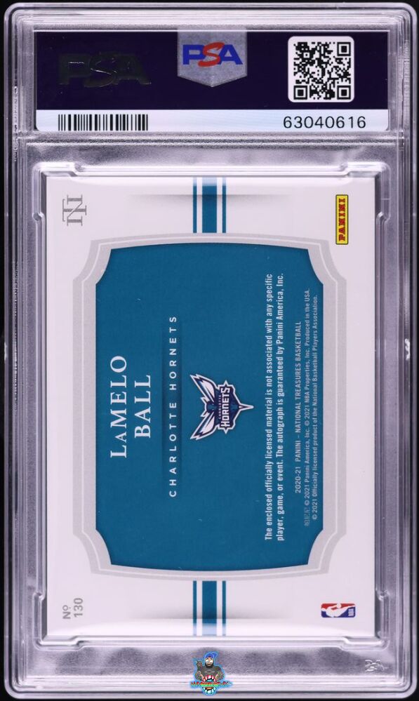 Back of 2020 National Treasures Rookie Patch Autograph Horizontal Lamelo Ball #130 /75