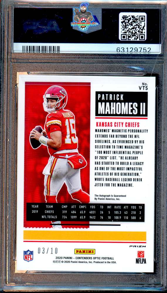 Back of 2020 Panini Contenders Optic Veteran Ticket Autograph Cracked Ice Prizm Patrick Mahomes II #5 /10