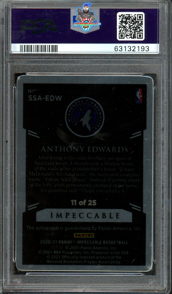 Back of 2020 Panini Impeccable Stainless Stars Autograph Orange Anthony Edwards #25 /25