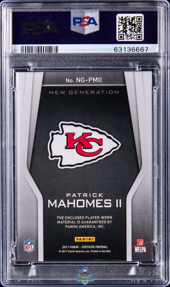 Back of 2017 Panini Certified New Generation Jersey Mirror Blue Patrick Mahomes II #7 /50