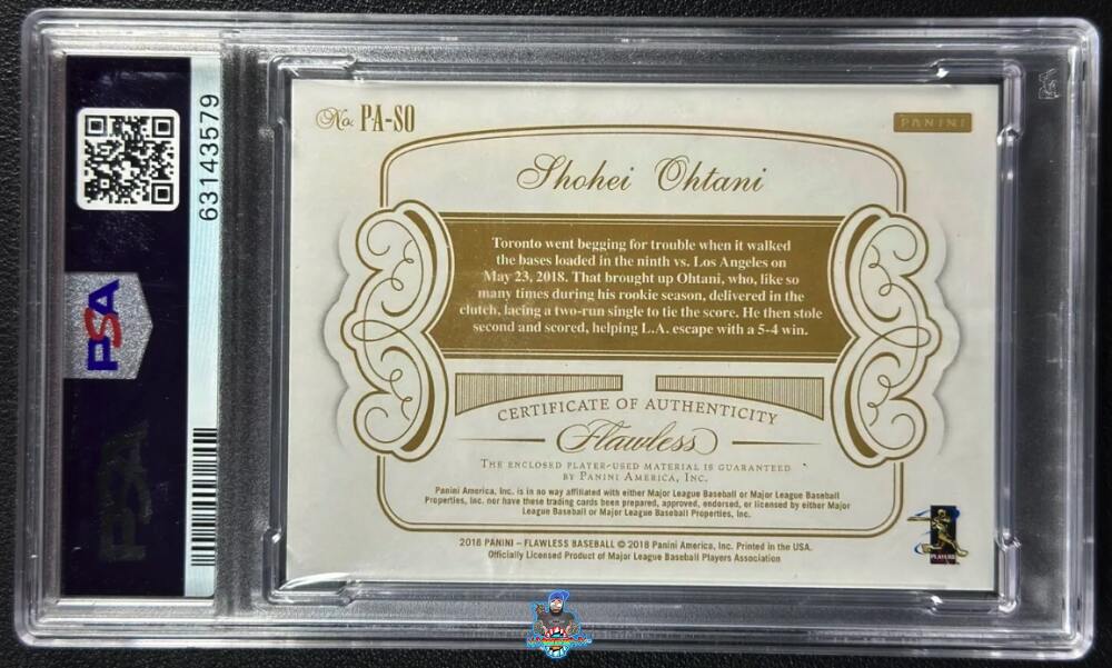 Back of 2018 Panini Flawless Patch Gold Shohei Ohtani #50 /5