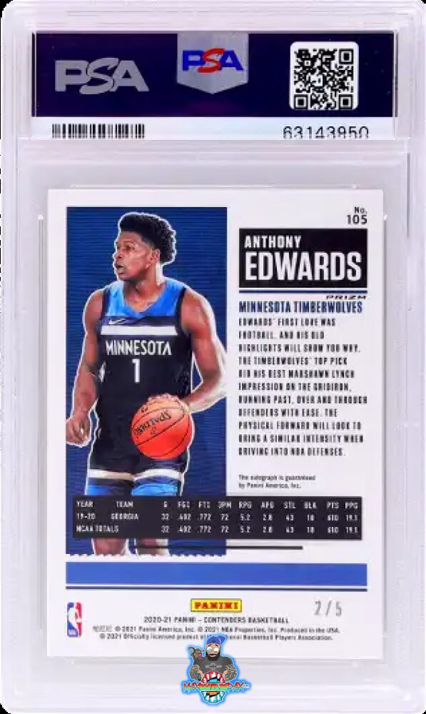 Back of 2020 Panini Contenders Premium Rookie Ticket Autograph Red Shimmer Prizm Anthony Edwards #105 /5