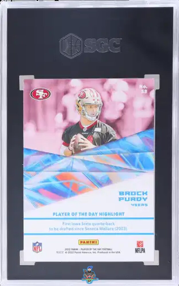 Back of 2022 Panini Player of the Day No Name Brock Purdy #58