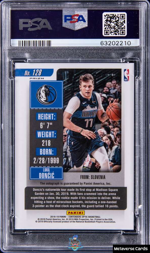 Back of 2018 Panini Contenders Optic Dribbling Variation Rookie Ticket Autograph Luka Doncic #128