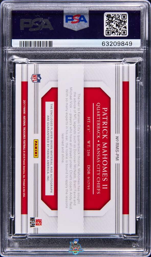 Back of 2017 National Treasures Rookie Material Signature Holo Gold Patrick Mahomes II #7 /10