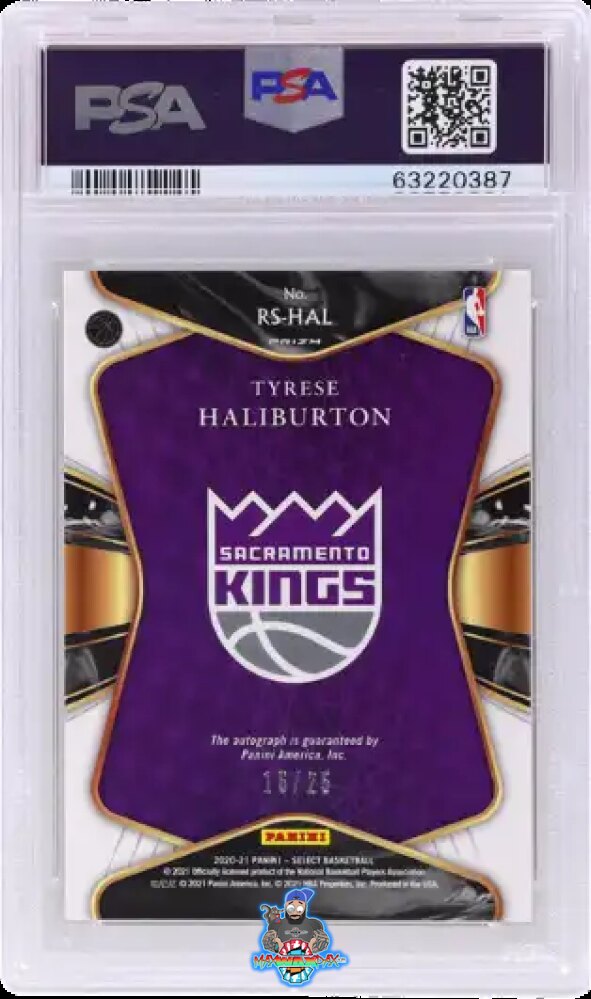 Back of 2020 Panini Select Rookie Signature Tie Dye Prizm Tyrese Haliburton #RS-HAL /25