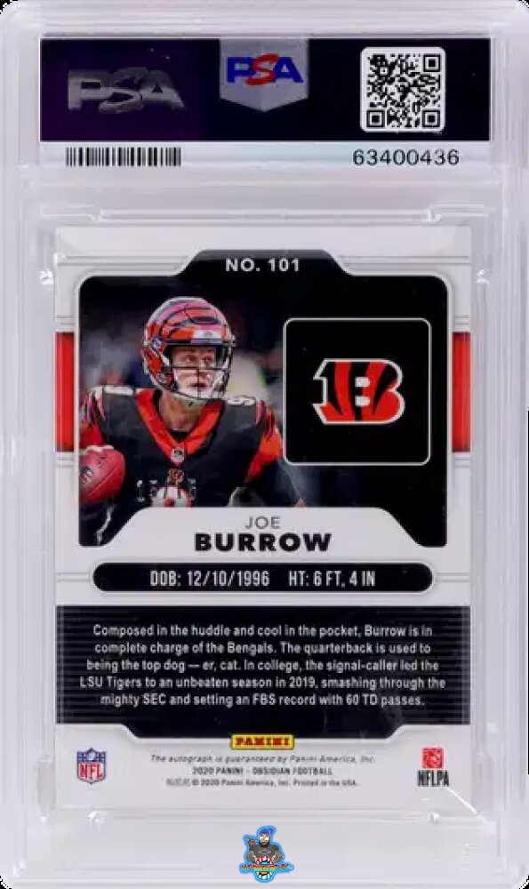 Back of 2020 Panini Obsidian Rookie Autograph Electric Etch Green Joe Burrow #101 /15