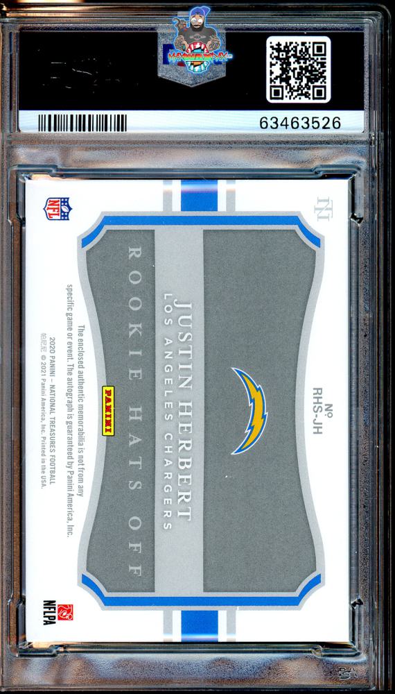 Back of 2020 National Treasures Rookie Hats Off Signature NFL Shield Laundry Tag Justin Herbert #3 /3
