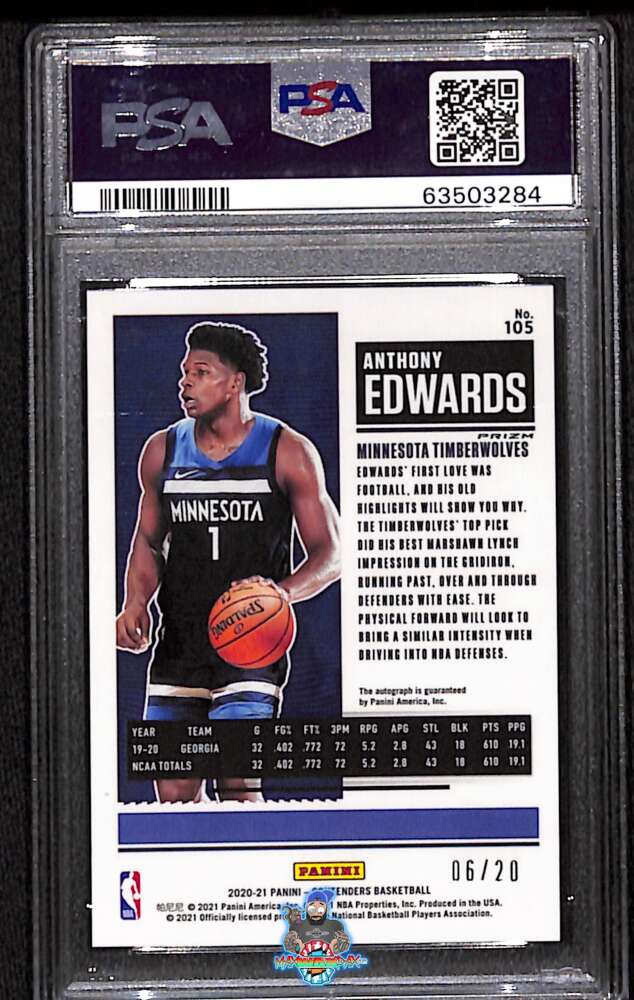 Back of 2020 Panini Contenders Blue Shimmer Anthony Edwards #105 /20