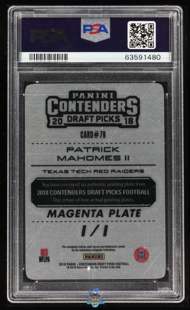 Back of 2018 Panini Contenders Draft Picks Printing Plate Magenta Patrick Mahomes II #79 /1