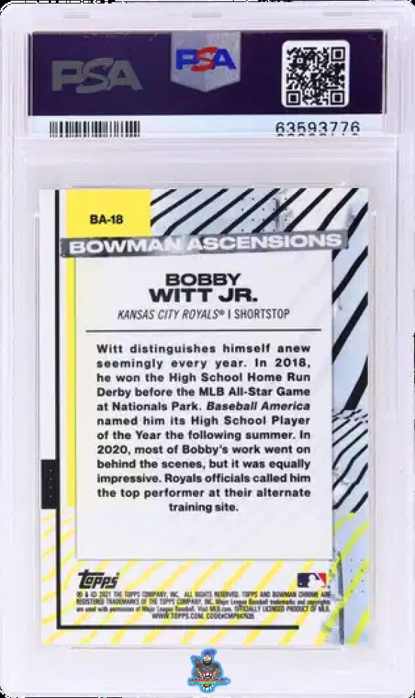 Back of 2021 Bowman Chrome Bowman Ascensions Superfractor Bobby Witt Jr. #BA18 /1