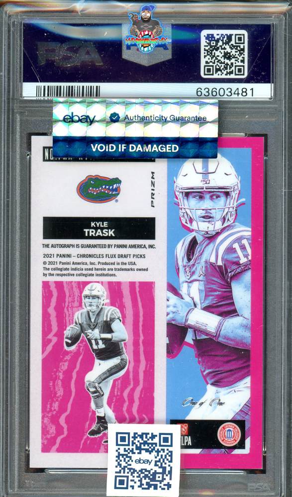 Back of 2021 Panini Chronicles Draft Picks Flux Rookie Autograph Gold Vinyl Prizm Kyle Trask #6 /1