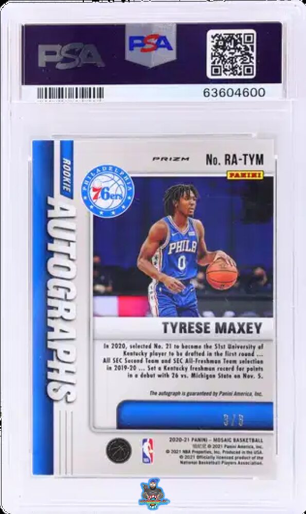 Back of 2020 Panini Mosaic Rookie Autograph Mosaic Black Gold Choice Tyrese Maxey #RA-TYM /8