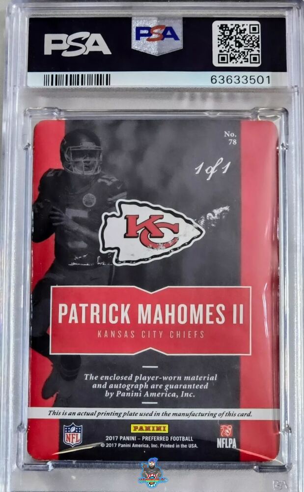 Back of 2017 Panini Preferred Autograph Relic Printing Plates Magenta Patrick Mahomes II #78 /1