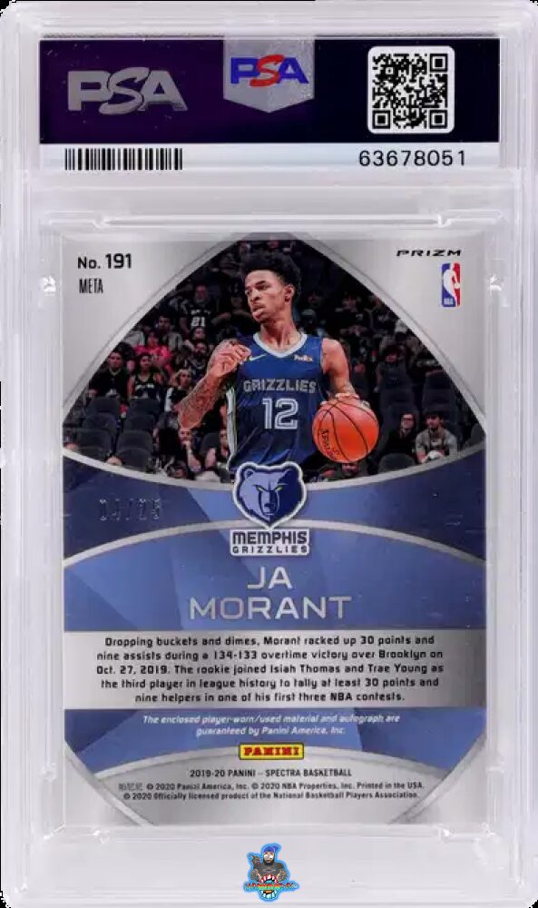 Back of 2019 Panini Spectra Rookie Jersey Autograph Meta Ja Morant #191 /25