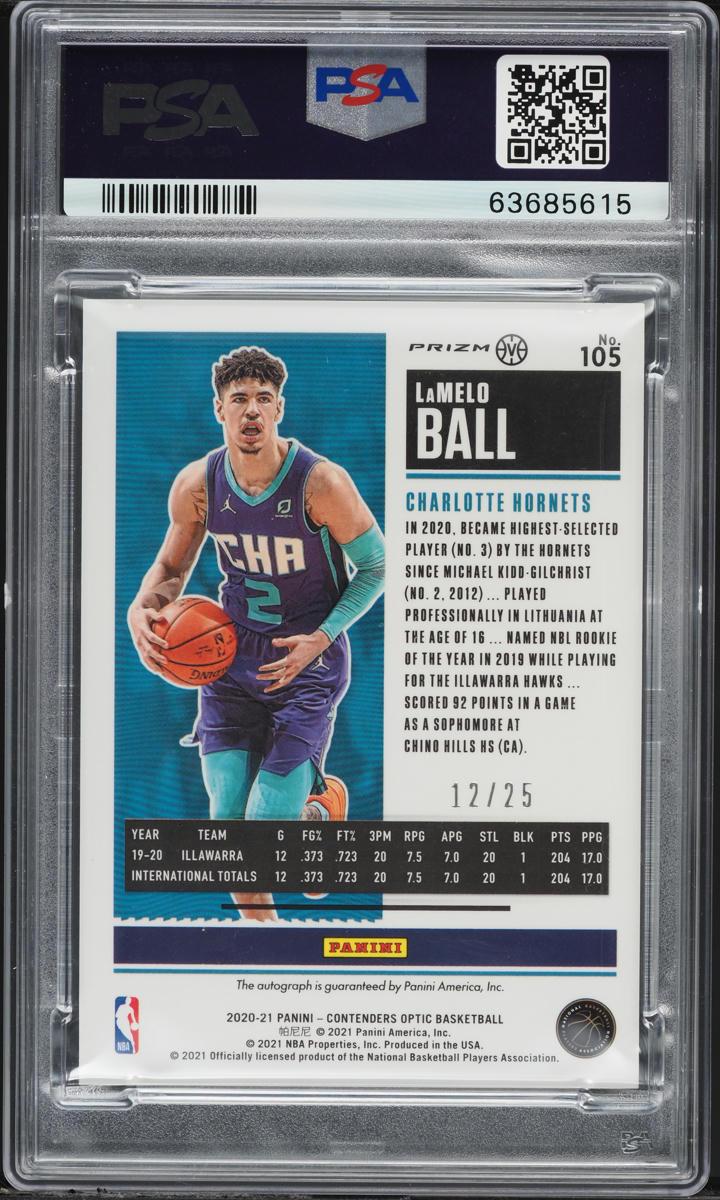 Back of 2020 Panini Contenders Optic Jersey Variation Rookie Ticket Autograph Orange Lamelo Ball #105 /25
