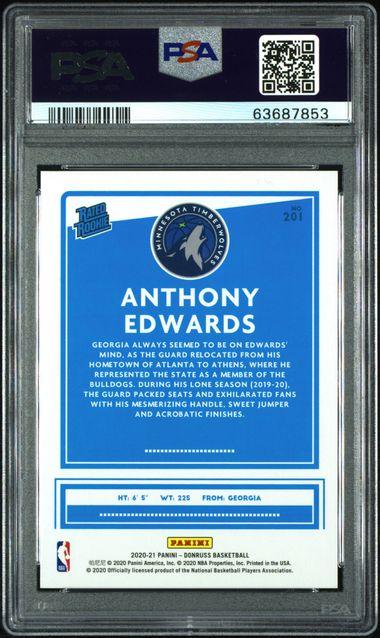 Back of 2020 Panini Donruss Anthony Edwards Holo Purple Laser
