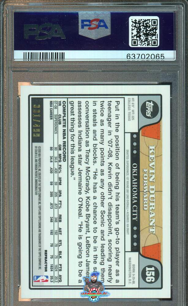 Back of 2008 Topps Chrome Orange Refractor Kevin Durant #156 /499