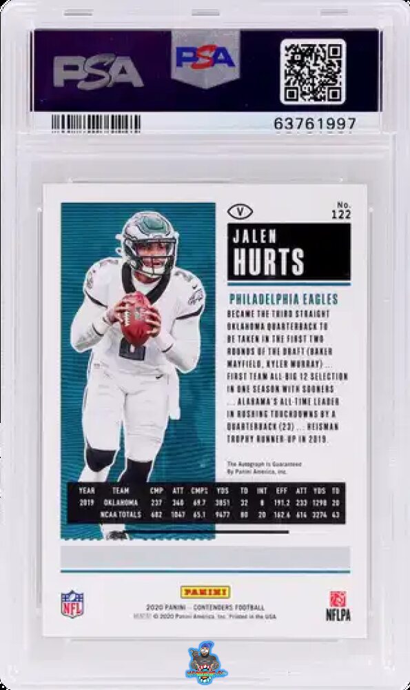 Back of 2020 Panini Contenders Team Helmet Variation Rookie Ticket Autograph Cracked Ice Jalen Hurts #122B /22
