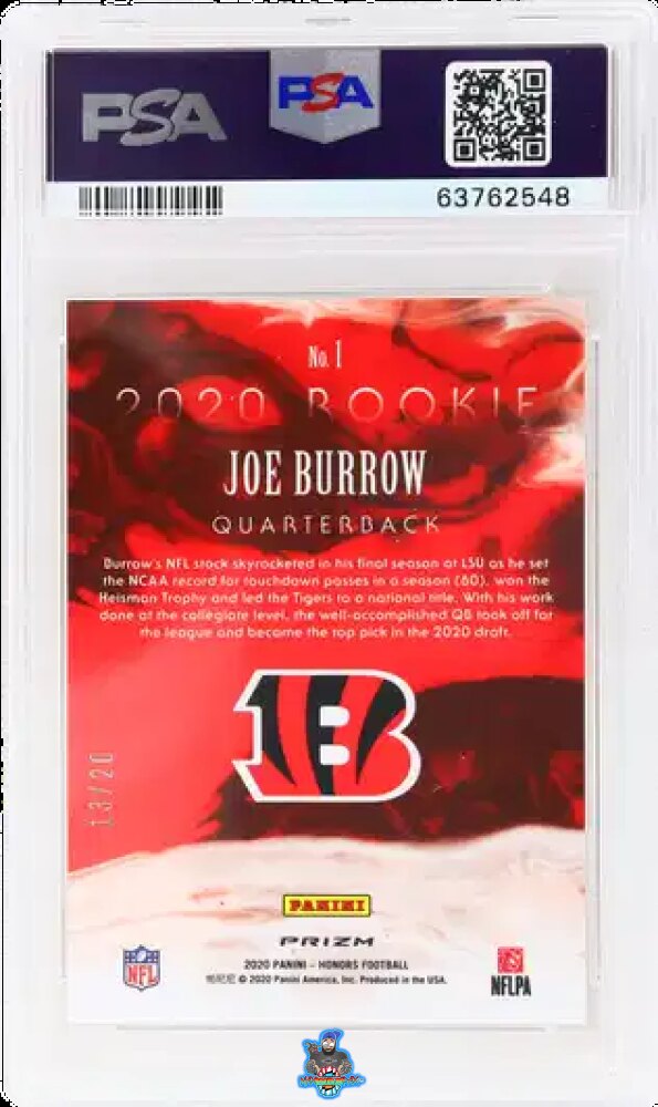 Back of 2020 Panini Honors '02 Honors Rookie Signature Orange Joe Burrow #1 /25