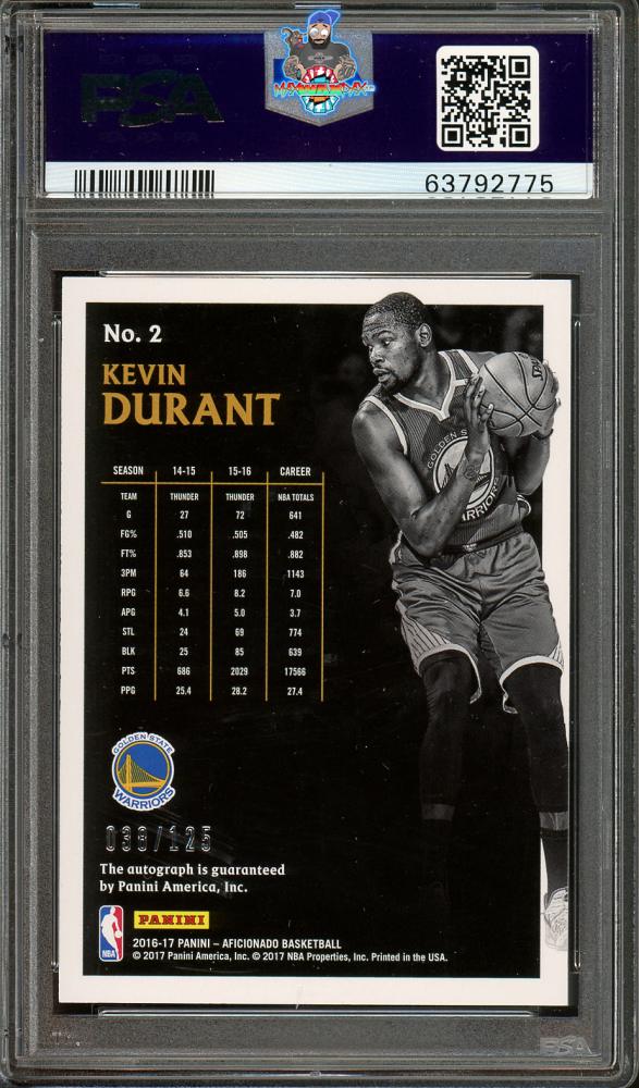 Back of 2016 Panini Aficionado Signature Kevin Durant #2 /125