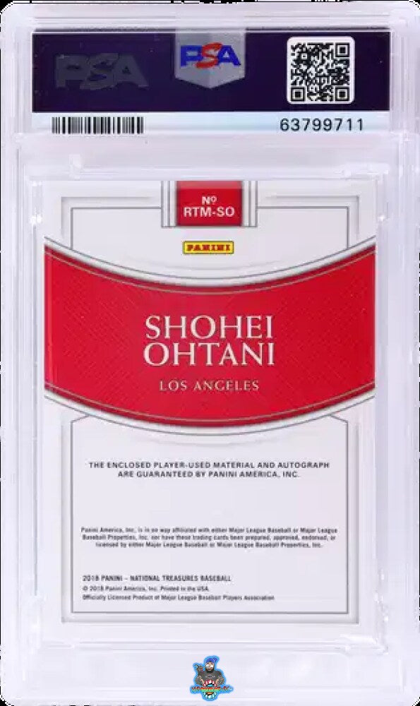 Back of 2018 National Treasures Rookie Triple Material Ink Autograph Holo Silver Shohei Ohtani #25 /10