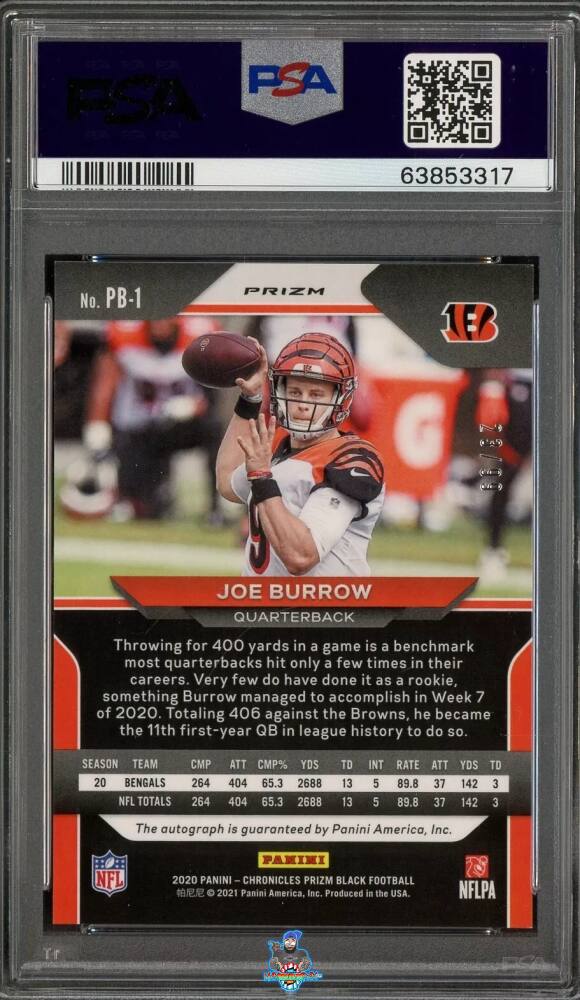 Back of 2020 Panini Chronicles Prizm Black Signature Red Prizm Joe Burrow #1 /99