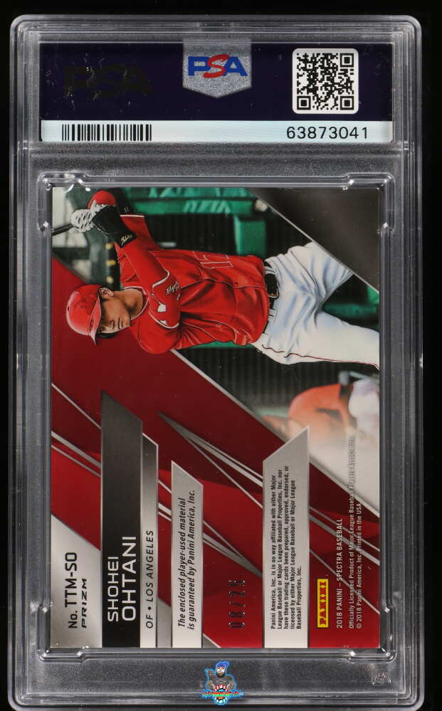 Back of 2018 Panini Spectra Triple Threat Materials Neon Green Shohei Ohtani #44 /25