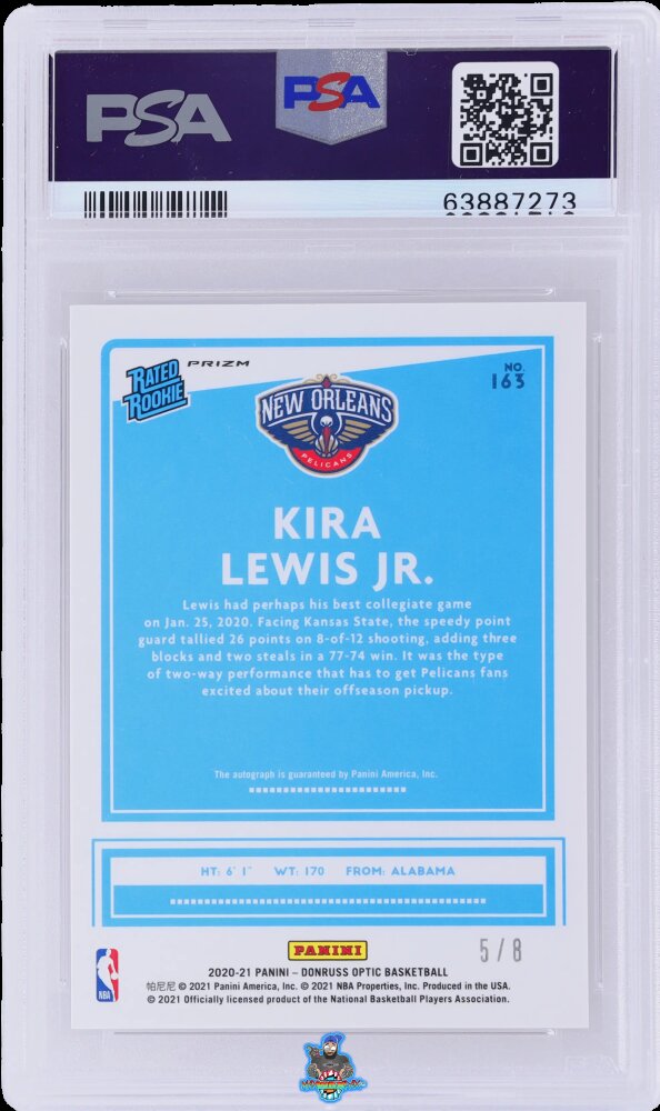 Back of 2020 Donruss Optic Rookie Signatures Choice Black Gold Kira Lewis Jr. #163 /8