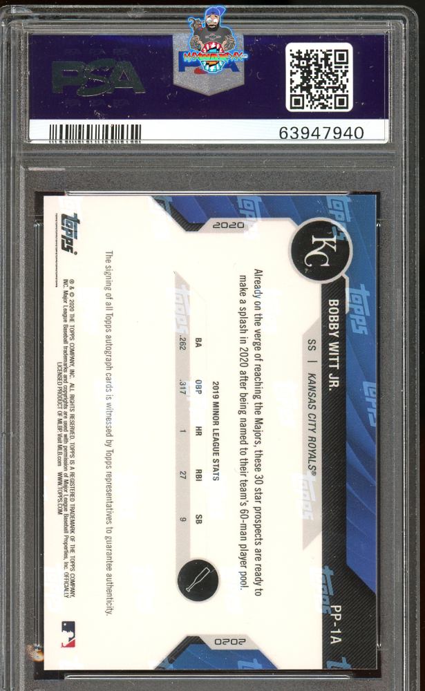 Back of 2020 Bowman Next Prospect Pool Autograph Bobby Witt Jr. #1A