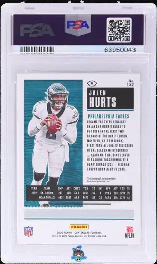 Back of 2020 Panini Contenders Team Helmet Variation Playoff Ticket Autograph Jalen Hurts #122B /49