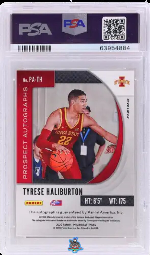 Back of 2020 Panini Prizm Draft Picks Prospect Autographs Fast Break Pink Tyrese Haliburton #10 /25
