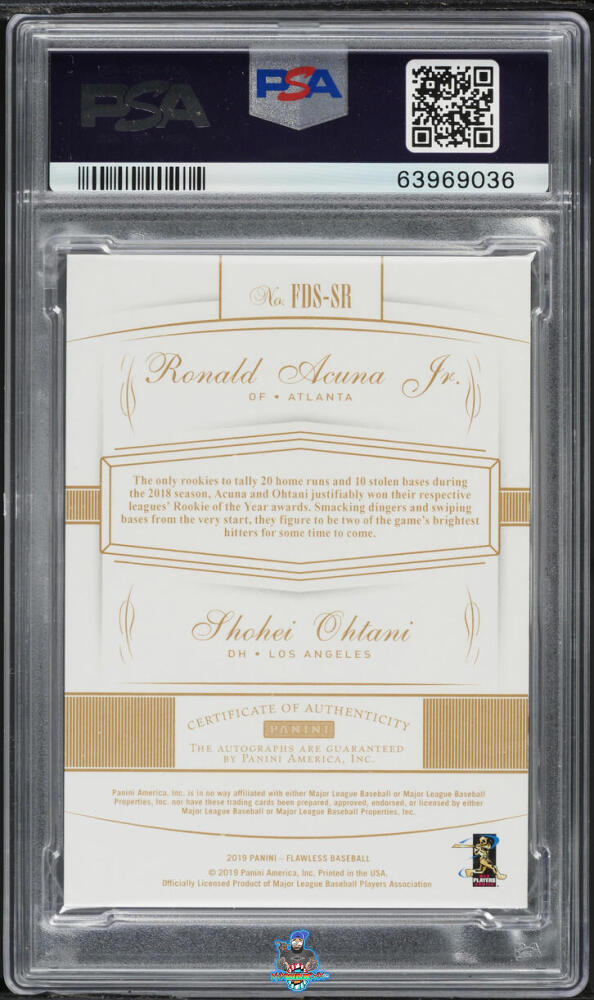 Back of 2019 Panini Flawless Dual Signature Ronald Acuna Jr./Shohei Ohtani #4 /25
