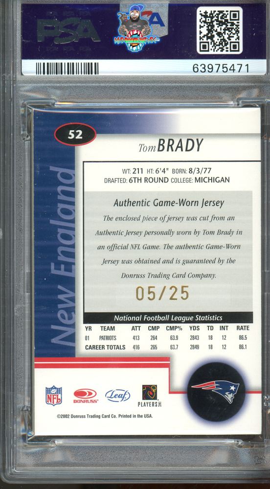 Back of 2002 Leaf Certified Mirror Gold Material Tom Brady #52 /25
