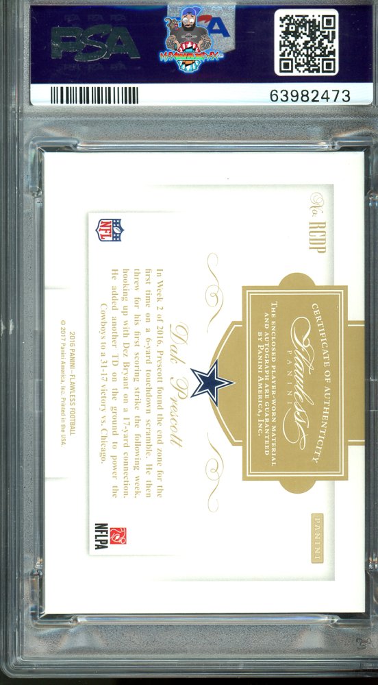 Back of 2016 Panini Flawless Rookie Patch Autograph Dak Prescott #6 /25