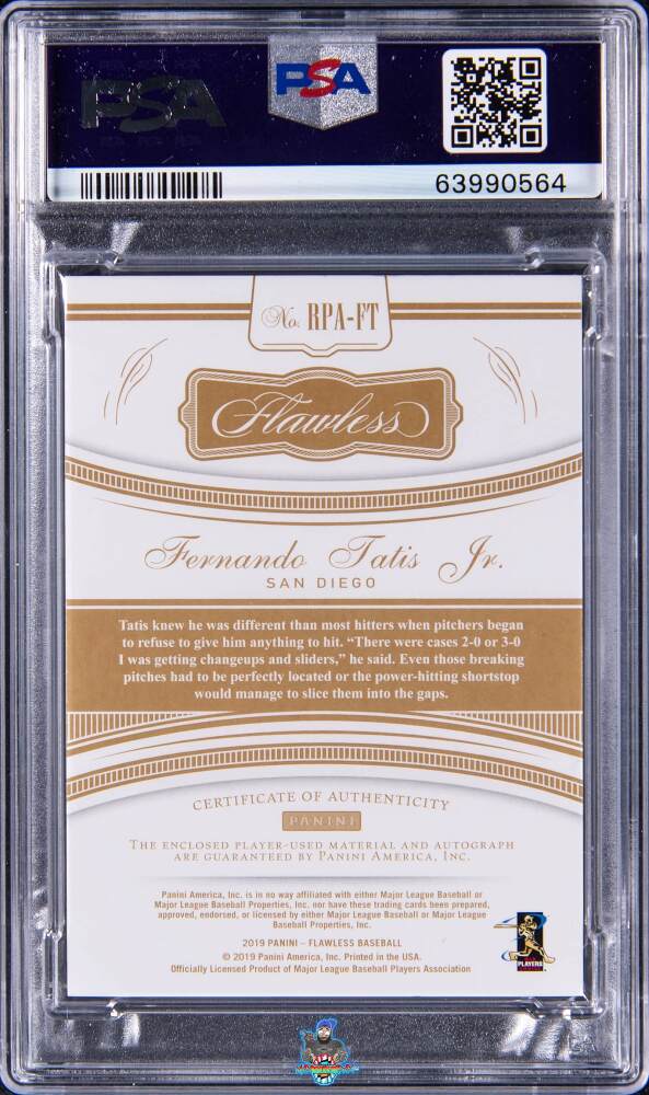 Back of 2019 Panini Flawless Rookie Patch Autograph Sapphire Fernando Tatis Jr. #4 /15