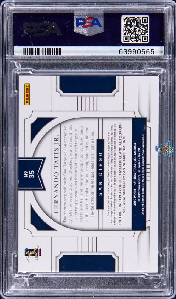 Back of 2019 National Treasures Material Signature Fernando Tatis Jr. #35 /99